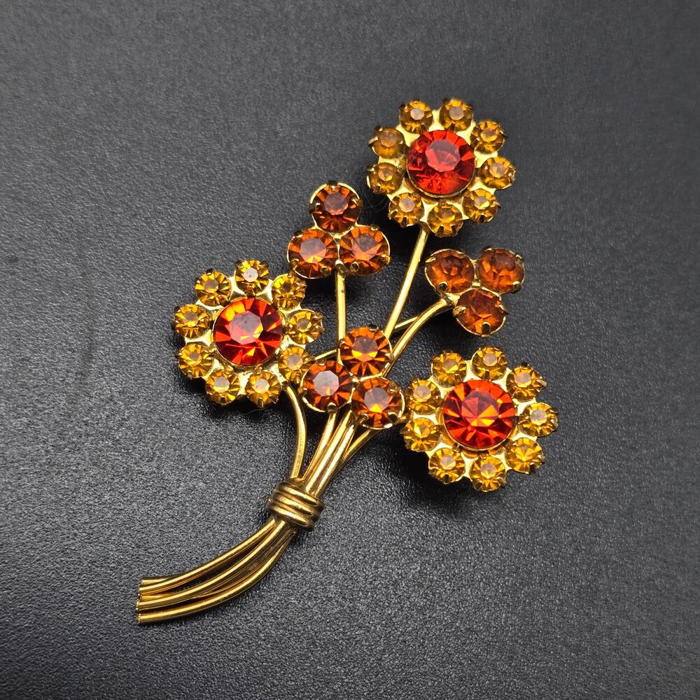 Yellow Orange Rhinestone Flower Brooch Gold Tone UV Glow